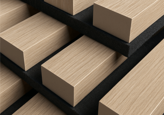 Détail de la surface du panneau acoustique ALPHA-Akupanel montrant le motif linéaire en bois